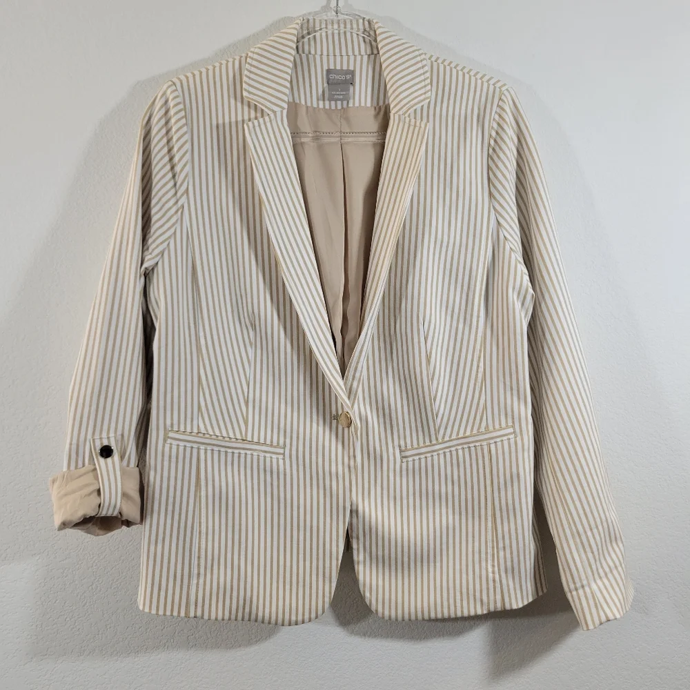 CHICO'S coastal tan striped cotton blend tab-sleeve single-button lined blazer